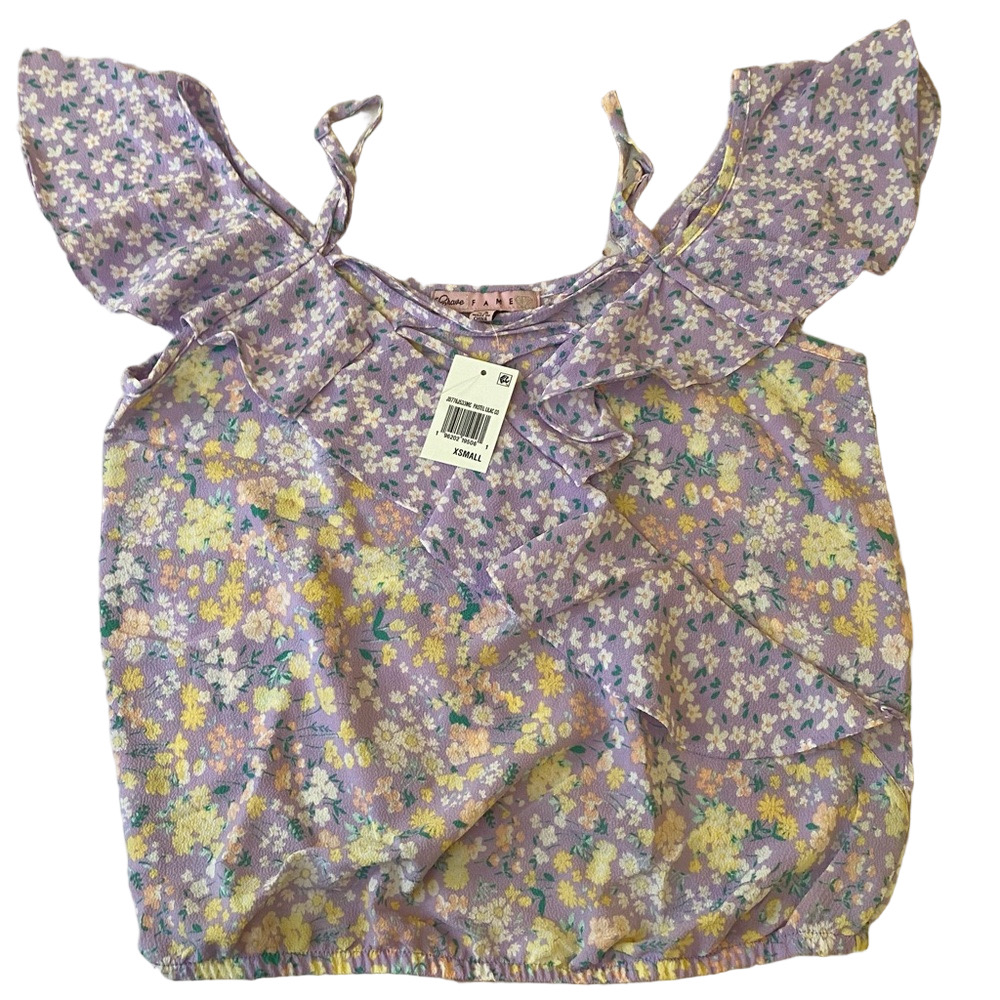 Crave Fame New Size XS Ditzy Floral Purple Lavender Ruffle Trim Peasant‎ Top